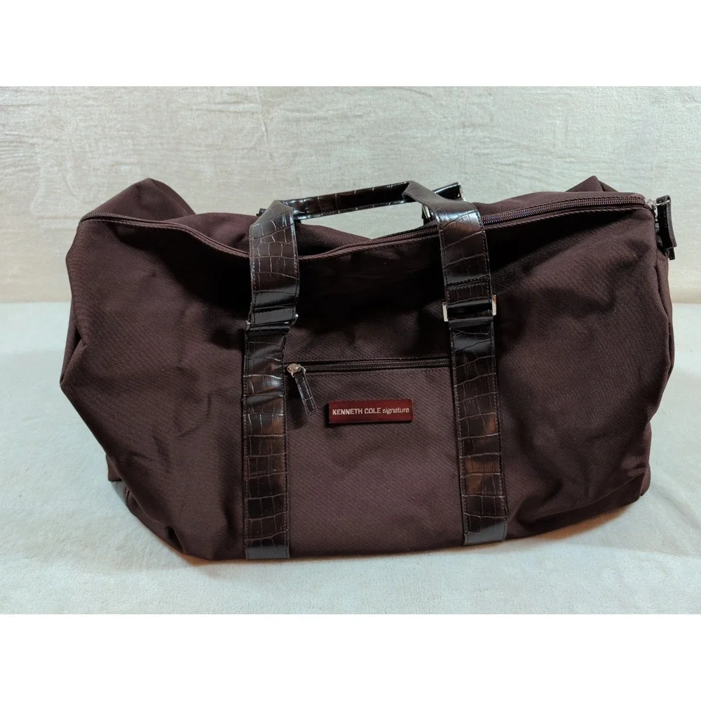 Kenneth Cole Signature Brown Canvas Duffel Bag Croc Embossed Trim Travel Weekend